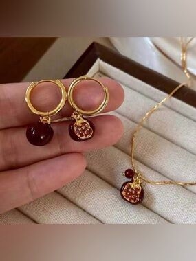 Gold Hoop Earrings and necklace with Deep Red Pomegranate Charm - Women Jewelry